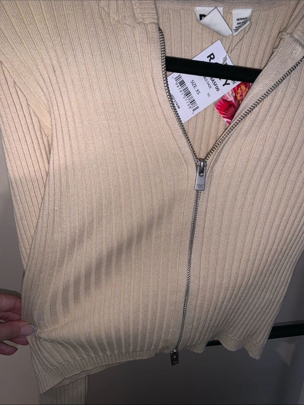 Roxy Ribbed Zip Hoodie in Cream - Picture 1 of 12